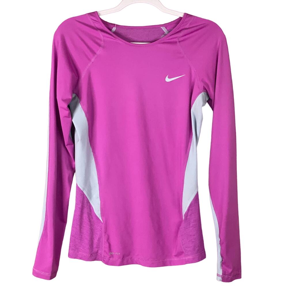 Nike Pro Pink Gray Long Sleeve Athletic Running Top Thumbholes Size Medium